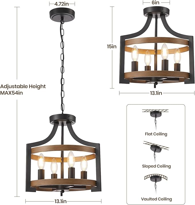 HOXIYA Farmhouse Chandelier, Convertible Semi Flush Mount Ceiling Light, 4 Light Modern Hanging Pendant Lighting, Black and Faux Wood Pendant Light Fixture for Dining Room Kitchen Hallway Bedroom
