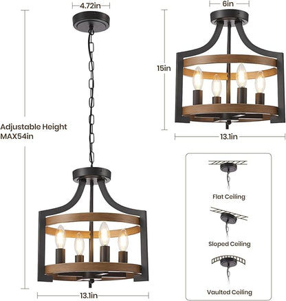HOXIYA Farmhouse Chandelier, Convertible Semi Flush Mount Ceiling Light, 4 Light Modern Hanging Pendant Lighting, Black and Faux Wood Pendant Light Fixture for Dining Room Kitchen Hallway Bedroom