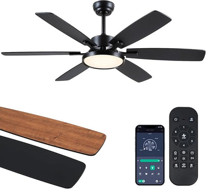 Hounberi 52 Inch Ceiling Fans with Lights and Remote, Modern Black Ceiling Fan with Light, Quiet DC Reversible Motor, 3CCT Dimmable LED Light, Black & Wood Hanging Fan for Bedroom, Living Room