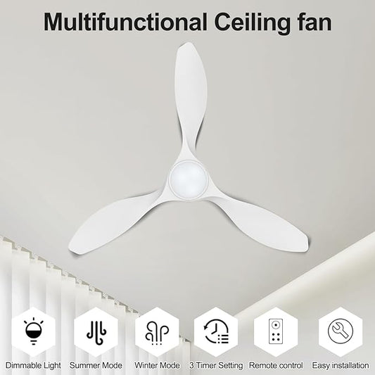 ocioc 42 inch Ceiling Fans with Lights and Remote, Dimmable Ceiling Fans with Reversible Quiet DC Motor, Flush Mount, 3CCT, White Ceiling Fan for Bedroom Living Room Indoor/Outdoor