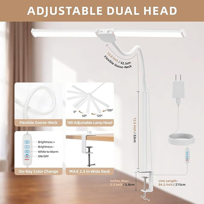 Voncerus LED Desk Lamp for Home Office, Double Head Architect Light with Clamp, Computer Monitor Clip on Light, 3 Modes and 10 Brightness, Adjustable Flexible Goose-Neck, Table Task Lamp, White