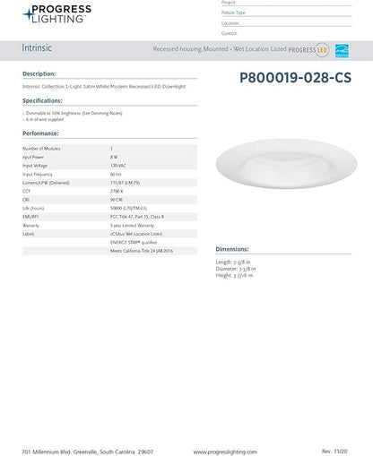 Progress Lighting Intrinsic Recessed LED 8w Baffle Trim for 5/6 inch Housings with 770 lumens, Color Temperature Selectable, White
