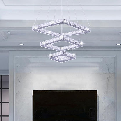 Crystal Chandeliers Modern LED 3 Ring Chandelier Adjustable Ceiling Light Fixtures Pendant Lighting Stainless Steel Hanging Lights for Living Room Dining Room Bathroom Bedroom, Cold White (Square)