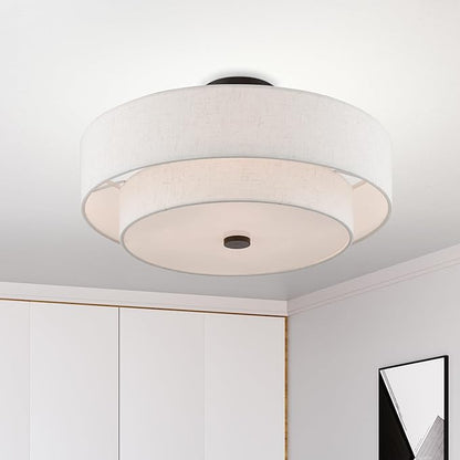 Livex Lighting 51085-92 4-Light Semi Flush Mount Ceiling Fixture with Oatmeal Color Fabric Hardback Drum Shade and Satin White Diffuser, English Bronze