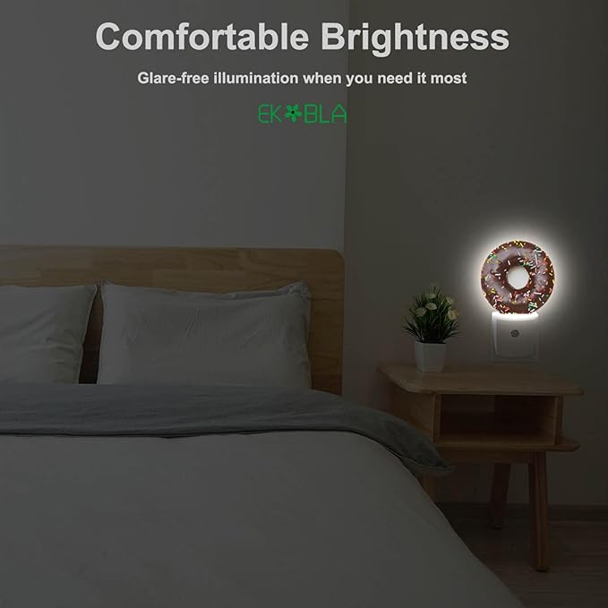 EKOBLA Donut Plug-in Night Light, Chocolate Dessert Snack LED Nightlight for Kids, 0.5W for Stairway, Hallway & Bedroom