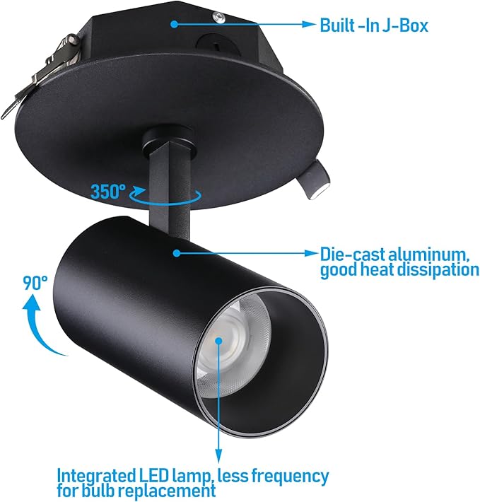 LEONLITE 5 Color Dimmable LED Ceiling Spotlight with Included Junction Box, CRI90 Adjustable Spotlight Directional LED Spot Lights IP65 Outdoor Indoor, 110V-277V, Black Aluminum Housing, Pack of 2