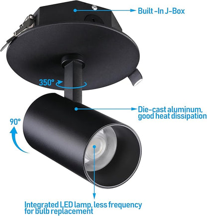 LEONLITE 5 Color Dimmable LED Ceiling Spotlight with Included Junction Box, CRI90 Adjustable Spotlight Directional LED Spot Lights IP65 Outdoor Indoor, 110V-277V, Black Aluminum Housing, Pack of 2