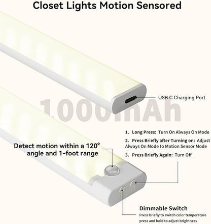 12 Inches Under Cabinet Lighting 3 Packs, Rechargeable Motion Sensor Light Indoor, 3 Color Temps, Dimmable Closet Light Stick on, Under Counter Lights for Kitchen