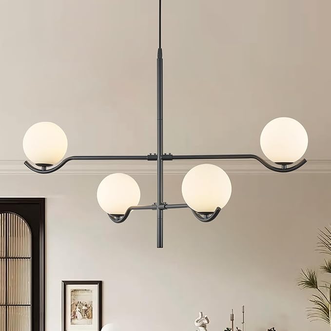 CATINER Black Sputnik Chandelier, Modern 4 Lights L31 '' Large Mid Century Long Ceiling Pendant Light Fixtures with Milk Glass Globe Shades for High Ceiling Living Dining Room Foyer Bedroom