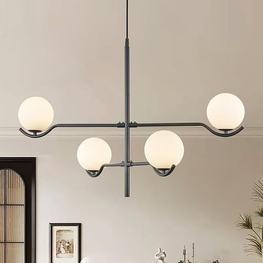 CATINER Black Sputnik Chandelier, Modern 4 Lights L31 '' Large Mid Century Long Ceiling Pendant Light Fixtures with Milk Glass Globe Shades for High Ceiling Living Dining Room Foyer Bedroom