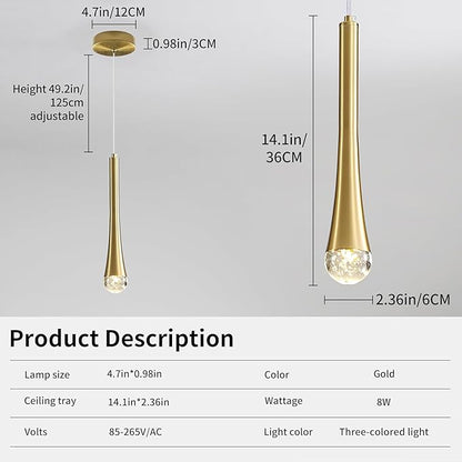 2 Pack Modern Gold LED Pendant Light, Kitchen Island Ceiling Hanging Lights, Teardrop Bubble Crystal, 3 Color 2700K/4500K/6500K, Bedside Small Chandelier Lamps for Bar, Dining Room, Hallway, Foyer