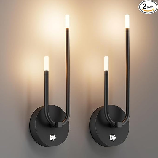 Aipsun Black Battery Operated Wall Sconce Set of 2, Wireless Sconces Modern LED 3000K Rechargeable Wall Sconce Dimmable Battery Wall Light for Living Room,Bedroom