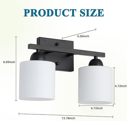 Mecgirn Milk Glass Vanity Lights for Bathroom, 2 Light Matte Black Bathroom Light Fixtures Over Mirror, Ceramic E26 Sockets Wall Mounted
