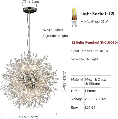 Modern Crystal Chandeliers Firework, 12-Light Chrome Stainless Steel Sputnik Chandelier, 21.6" Dandelion Pendant Ceiling Light Fixture for Bedroom Dining Room