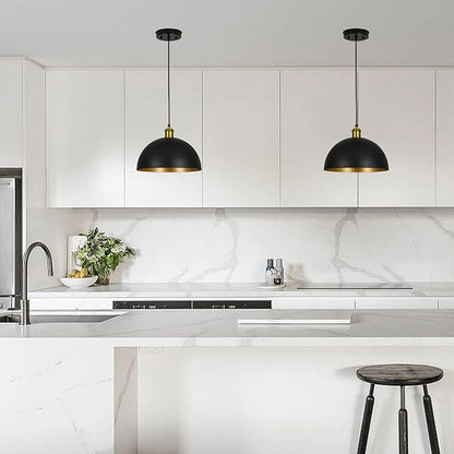Pendant Lights Kitchen Island - 12-Inch Farmhouse Dome Hanging Light Fixture, Black and Gold Industrial Ceiling Light Adjustable Kitchen Pendant Lighting for Dining Room, Bedroom, Living Rooms