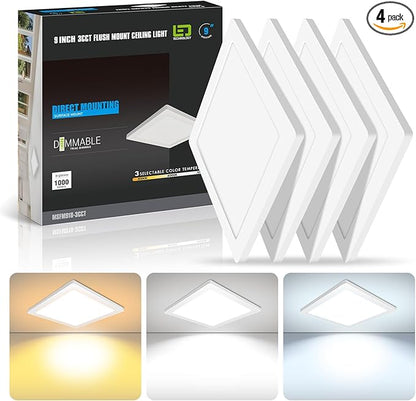 mw 4 Pack 9 Inch Square LED Flush Mount Ceiling Light, White Slim LED Ceiling Lights, Dimmable 18W, 210V, 3000K/4000K/5000K, for Bedroom, Kitchen, Bathroom, ETL Listed, Each Side is 8.43"