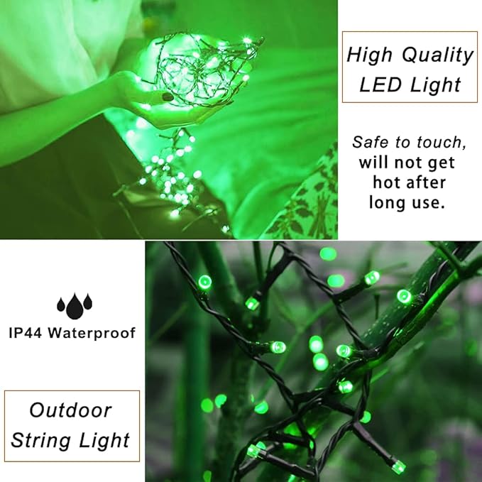Pooqla Green String Lights, 200 LED 66 ft Indoor Outdoor String Lights St. Patrick's Day Decorations, 8 Modes Twinkle Fairy Light Plug in for Yard Patio Wedding Party Decoration, Green Wire
