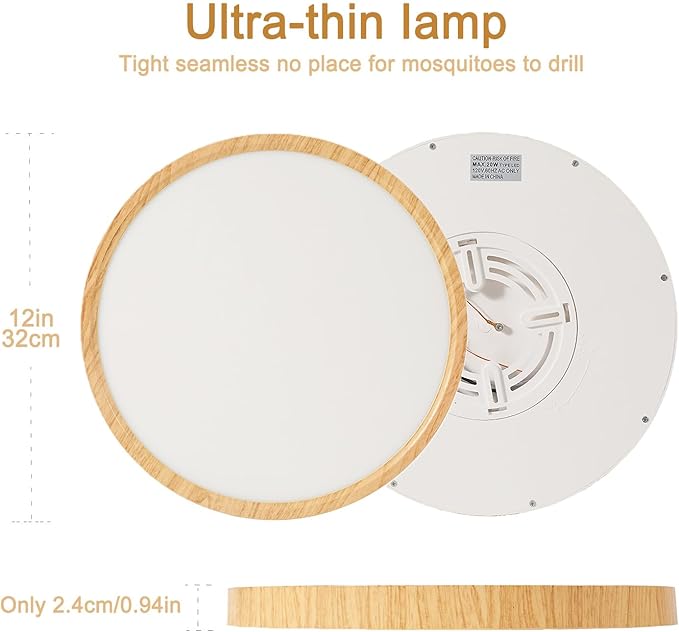 12 Inch Wood Grain Flush Mount Ceiling Light Fixture, Modern 22W Round Flat Overhead 3000K-4000K-6000K Selectable LED Ceiling lamp for Bedroom, Living Room, Kitchen, Entryway, Office
