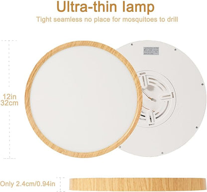 12 Inch Wood Grain Flush Mount Ceiling Light Fixture, Modern 22W Round Flat Overhead 3000K-4000K-6000K Selectable LED Ceiling lamp for Bedroom, Living Room, Kitchen, Entryway, Office