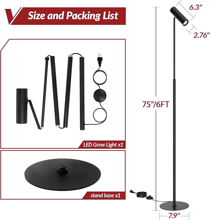 6FT Standing Grow Light for Indoor Plants,25W 3000K Full Spectrum COB Plant Light Bulb, 330° Rotating Head, Metal Floor Grow Lamp with On/Off Switch for Large Plant,Seedling