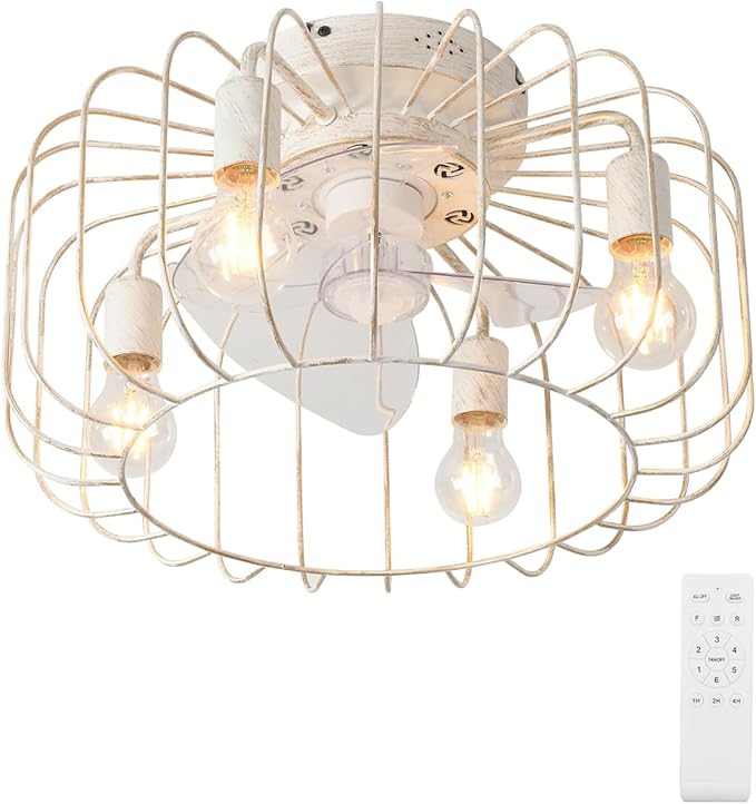 Farmhouse Ceiling Fan with Lights and Remote, 18 inch Low Profile Flush Mount Industrial Ceiling Fan Chandelier, Rustic Enclosed Fan Light for Kitchen Dining Room Bedroom
