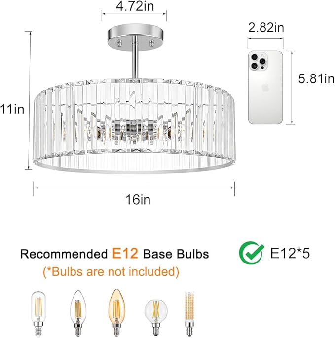Lxybcce Modern Crystal Ceiling Light Fixture, Semi Flush Mount Ceiling Light, Chrome Hallway Lighting Fixtures Chandelier, Crystal Chandelier for Kitchen Bedroom Dining Room Closet, 5-Light, 16 Inch