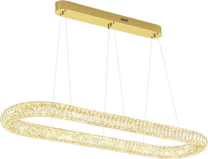 LED Crystal Ring Chandelier, 47.2'' Gold Crystal Ring Pendant Light for Kitchen Island Modern Linear Oval Chandeliers for Dining Room Dimmable 3000K-6000K