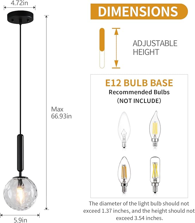 Modern Black Pendant Light Hanging Fixture Light for Kitchen Island Mid Century with Globe Pendant Light Clear Glass Pendant Lighting for Living Room Bedroom Entryway (3 Pack)