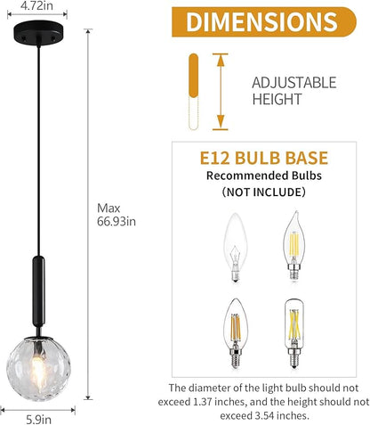 Modern Black Pendant Light Hanging Fixture Light for Kitchen Island Mid Century with Globe Pendant Light Clear Glass Pendant Lighting for Living Room Bedroom Entryway (3 Pack)
