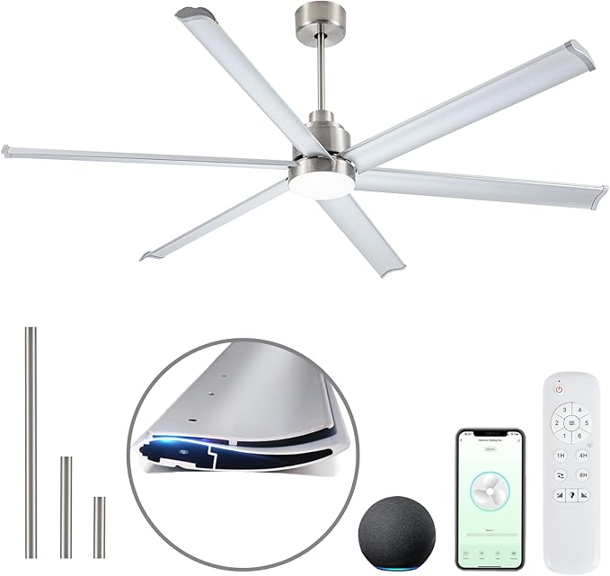 Minislak 84" Smart Industrial Ceiling Fans with Light and Remote,6 Dual-Layer Aluminum Blades,Large Brushed Nickel Ceiling Fan with 6 Speed Noiseless DC Motor,Indoor/Outdoor Ceiling Fan for patio