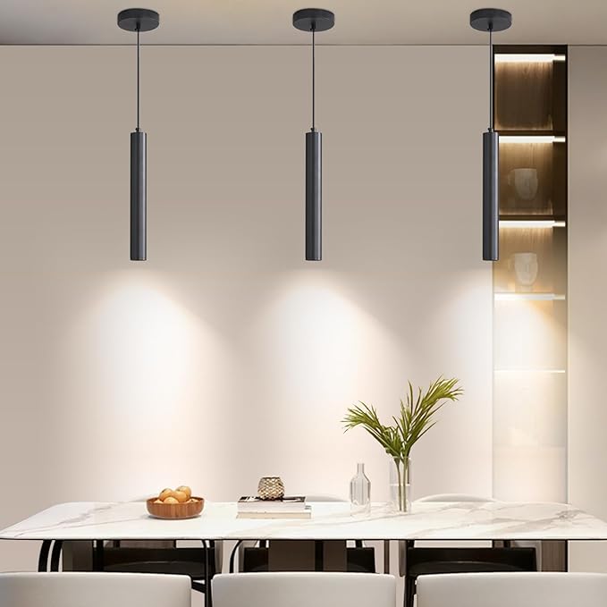 2 Pack Mini Kitchen Island Pendant Light, LED Minimalist Ceiling Hanging Light, 3 Color 3000K/4500K/6500K, Adjustable Height, Black Modern Linear Lamp Lighting for Dining Room, Bedroom, Bar
