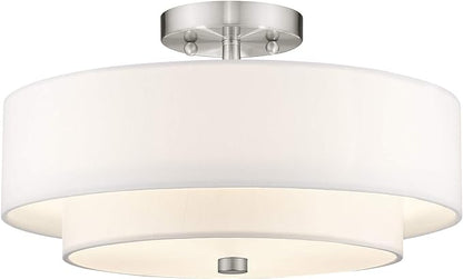 Livex Lighting 51044-91 Brushed Nickel Flush Mount with Off-White Fabric Hardback Shade