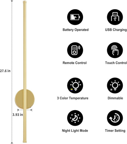 Battery Operated Modern Wall Sconces,Dimmable Wireless Wall Light Set of Two with Remote Control,3 Color Temperatures,Rechargeable LED Wall Sconce for Bedroom,Living Room,Hallway,27.6 Inch,Matte Gold