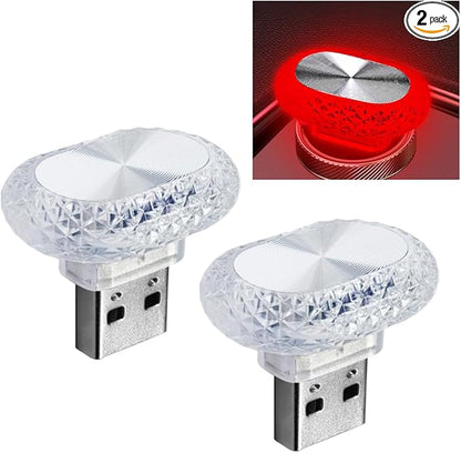 2PCS USB LED Car Interior Night Light, Crystal Mini Decoration Neno Ambient Light Car Interior Atmosphere Lamp, Plug-in USB Interface Auto Trunk Ambient Lighting Kit Universal for Cars (Red)