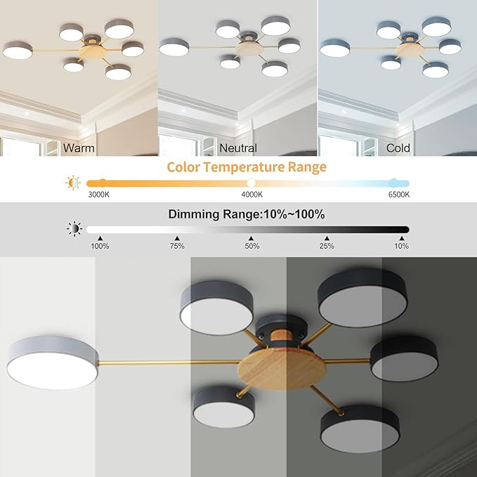 6-Lights LED Ceiling Lighting 41 Inch Modern Ceiling Lights Flush Mount Recessed Lighting Ceiling Light 48W Dimmable Living Room Bedroom Kitchen, 3000K-6000K Grey