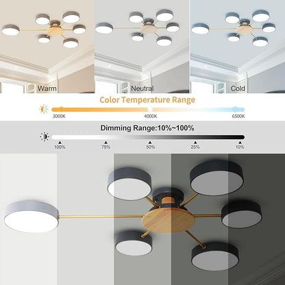 6-Lights LED Ceiling Lighting 41 Inch Modern Ceiling Lights Flush Mount Recessed Lighting Ceiling Light 48W Dimmable Living Room Bedroom Kitchen, 3000K-6000K Grey