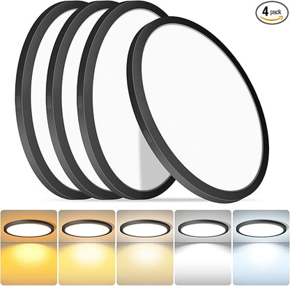 mw 4 Pack LED Flush Mount Ceiling Light, 12 Inch Round Black Ceiling Light, 25W 120V 5CCT, Dimmable, Close to Ceiling Light Fixtures for Bedroom, Kitchen, Hallway, Laundry