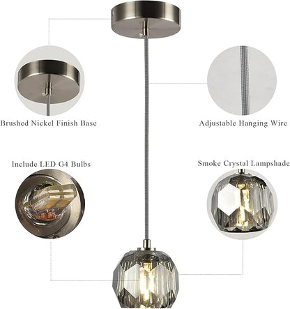 Raindrop Farmhouse Chandelier, Single 1 Light Smoke Crystal Pendant Lights, Modern Nickel Small Hanging Lamp for Dining Room Bedroom Kitchen Island Bathroom