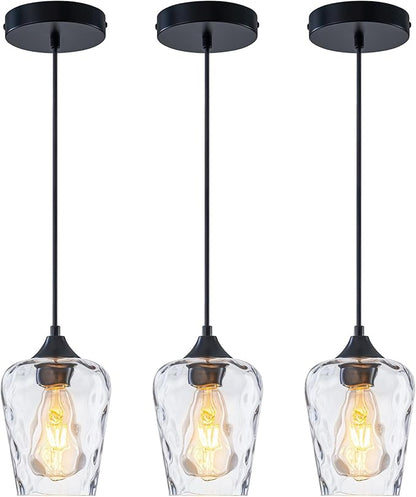 3 Pack Mini 5.1" Glass Pendant Lights Kitchen Island Lighting, Small Black Hammered Glass Pendant Light Fixtures, Black Hammered Glass Island Lights for Kitchen for Dining Room Sink