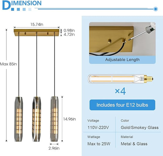 3-Light Linear Pendant Light for Kitchen Island, Modern Brass Ceiling Hanging Lamp with Smoked Glass Shades, Adjustable Height Island Lighting for Dining Room, Bar, Living Room