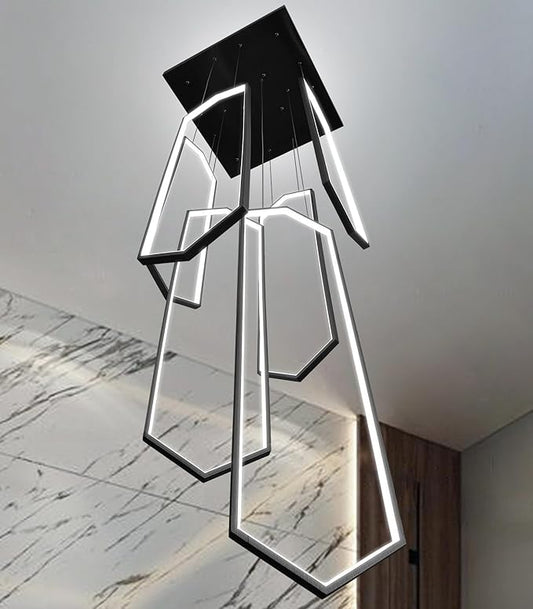 6 Rings Black Modern Long Large Chandelier Dimmable LED High Ceiling Chandelier for Living Room Foyer Staircase Enterway Hanging Light Fixture Modern Ceiling Light