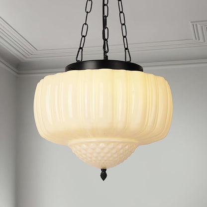 14" Vintage Milk Glass Pendant Light, Mid-Century Modern Schoolhouse Ceiling Chandelier, Vintage White Opal Flush Hanging Fixture for Kitchen Island, Dining Room, Bedroom, Living Room