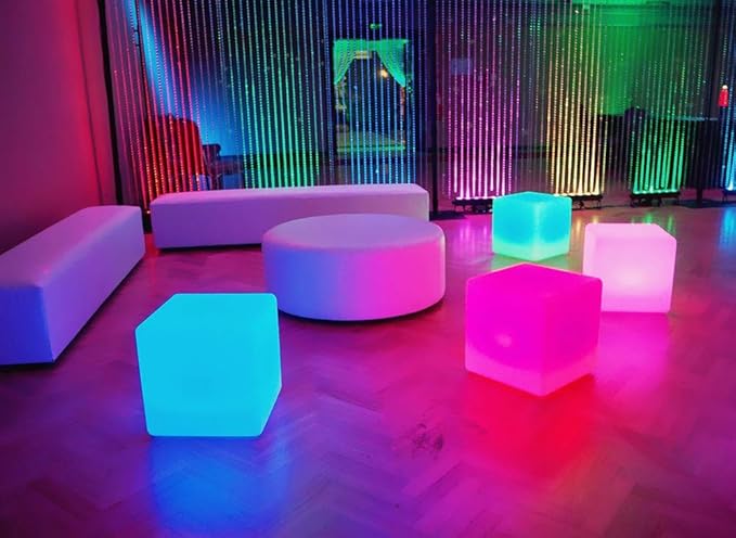 Mr.Go 14-Inch Color Changing LED Cube Light Stool, Glow Cube Seat for Kids, Modern LED Light Side Table, 16 RGB Colors Mood Lighting, Ideal for Home Garden Patio Bar Pool Party Decorative Lighting