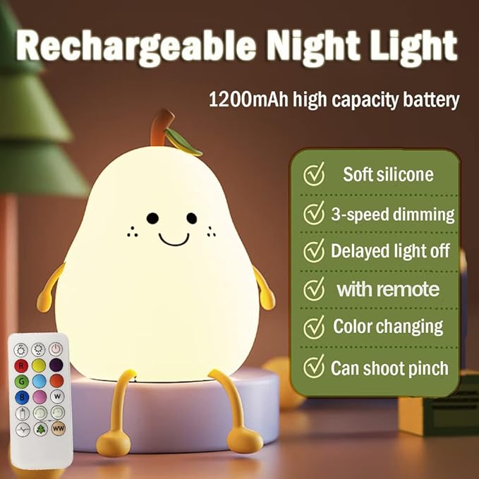 Cute Pear Night Light for Kids, Silicone Fruit Pear Lamp with Remote, Squishy Kawaii Bedside Cute Lamp, Adjustable Brightness NightLight for Bedroom, Rechargeable Soft NightLight for Room Decoration