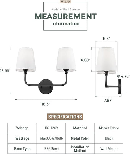 2-Light Bathroom Vanity Light Fixtures in Matte Black Finish, Modern Bedside Wall Sconces with Flared White Fabric Shade for Bathroom, Hallway, Living Room, Kitchen, VL837-MB-2