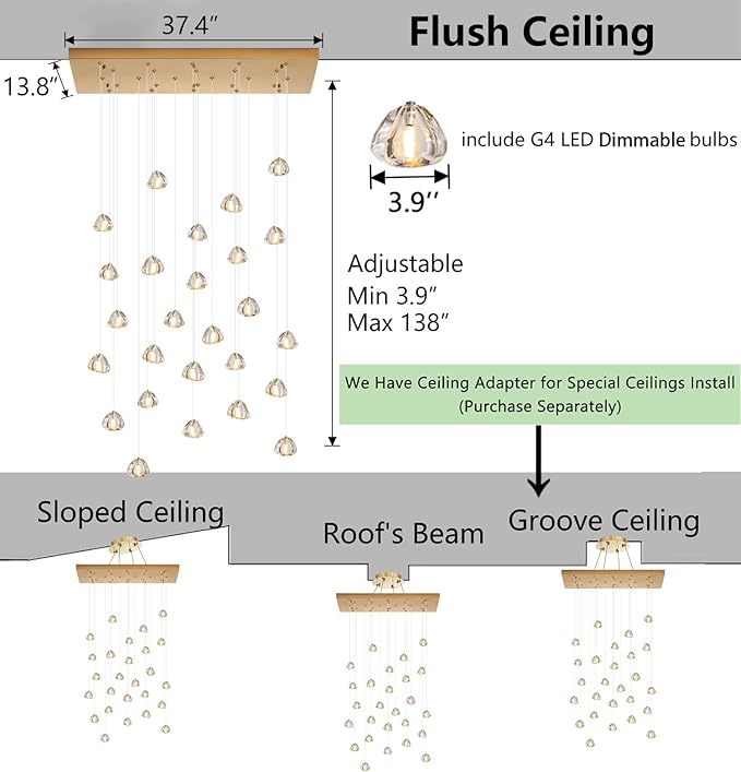 HAIXIANG LED Rectangular Chandeliers for Living Room Dining Room Light Dimmable High Ceiling Pendant Lights Fixtures Lighting 26-Lights for Foyer Entryway Lighting Antique Gold