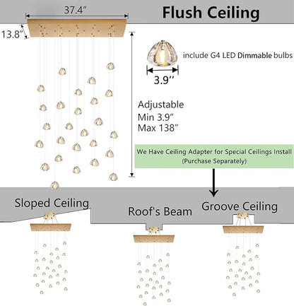 HAIXIANG LED Rectangular Chandeliers for Living Room Dining Room Light Dimmable High Ceiling Pendant Lights Fixtures Lighting 26-Lights for Foyer Entryway Lighting Antique Gold