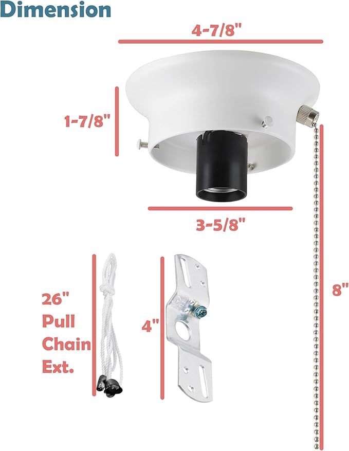 Aspen Creative 22101-03-1, Flush Mount Ceiling Fixture Shade Holder Kit with On/Off Pull Chain Switch in Matte White Finish 3-5/8" Fitter, 4-7/8" Diameter x 1-7/8" Height