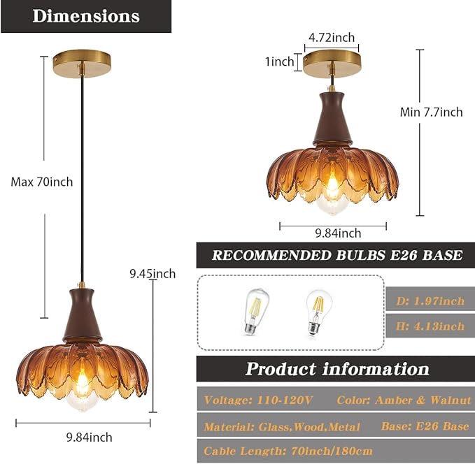 YLONG-ZS Pendant Lights Kitchen Island,Vintage Hanging Kitchen Light Fixtures with Amber Flower Glass，Walnut Wood Color Modern Hanging Pendant Ceiling Light for Island Dining Room Bedroom Living Room