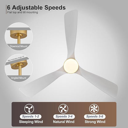 52 Inch Wood Ceiling Fans with Lights and Remote, White Gold Outdoor Ceiling Fan with Light, Dimmable 3 Blades Outdoor Fans for Patios Noiseless Modern Ceiling Fans for Bedroom Living Room